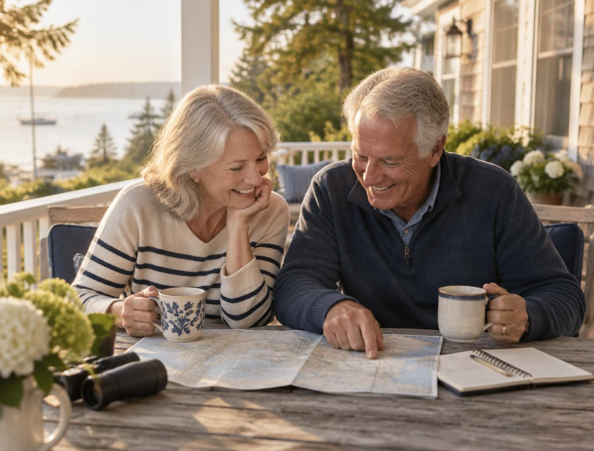 A couple in their sixties sharing coffee and an open travel map on a sunlit porch