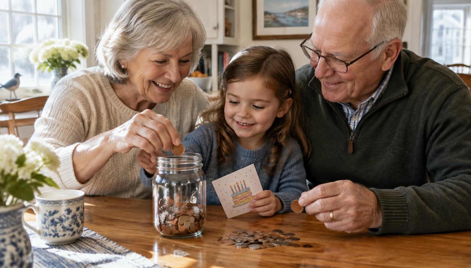 Grandparents and a young granddaughter adding coins to a savings jar at the kitchen table
