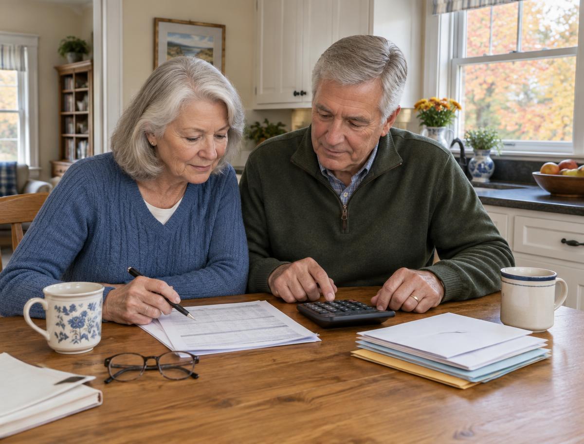 A retired couple reviewing household expenses with a calculator at their kitchen table