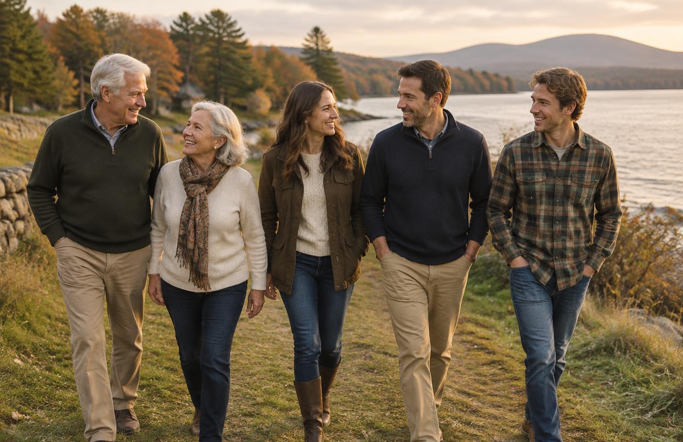 A multigenerational family walking together near a New England lake at sunset