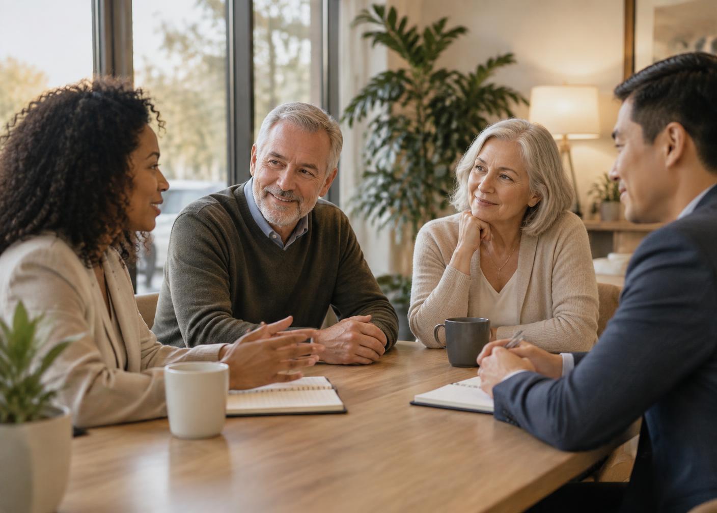 Advisors in conversation with a client couple at a table in a warm, light-filled office