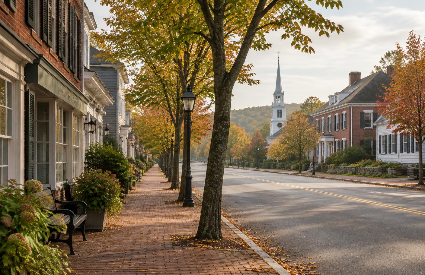 A tree-lined main street in southern New Hampshire in early autumn